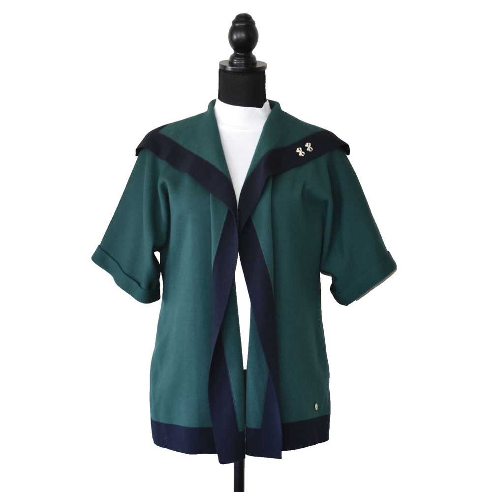 C0 Auth ESCADA Green Navy Trim Wool Knit Open Front Short Sleeve Jacket Size 44